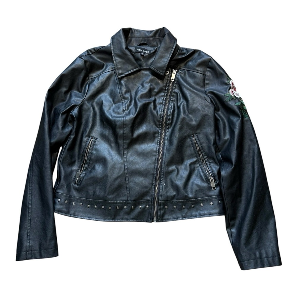 New Look Faux Leather Moto Jacket Womens Large Black Floral Embroidered Studded
